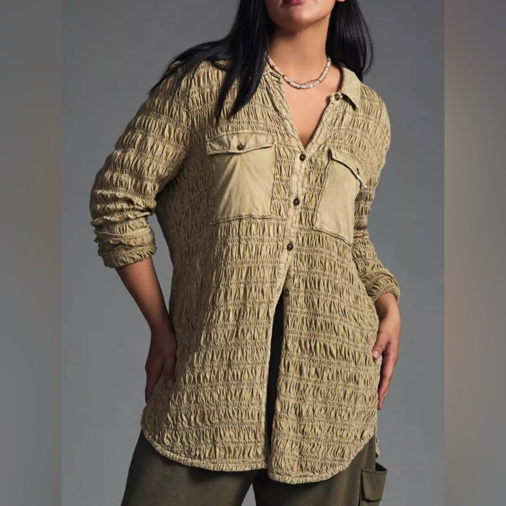 Anthropologie Pilcro L Smocked Shacket Olive Green Bohemian Festival Layering